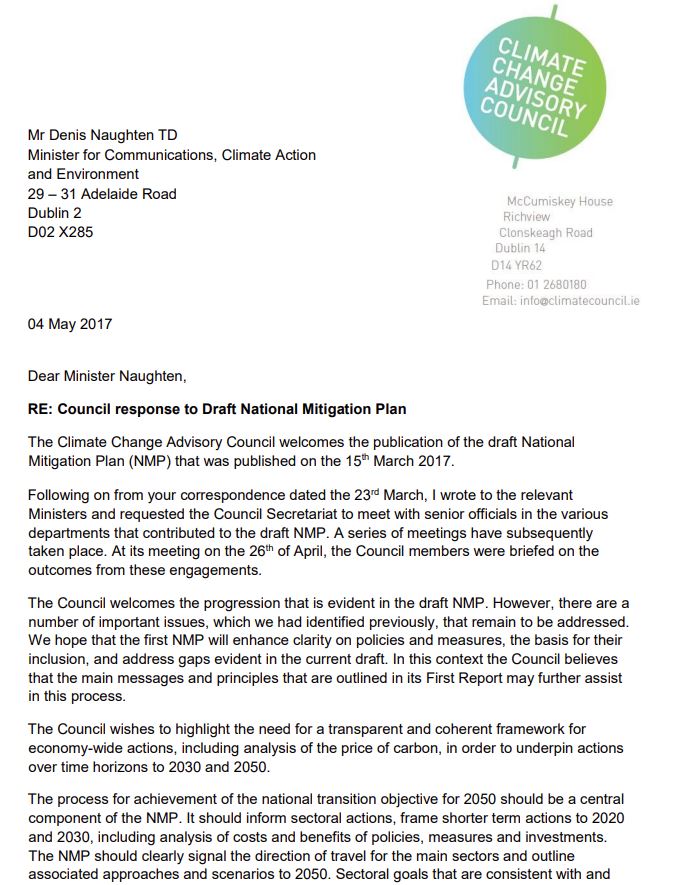 National Mitigation Plan Letter to Department of Communications, Climate Action and Environment